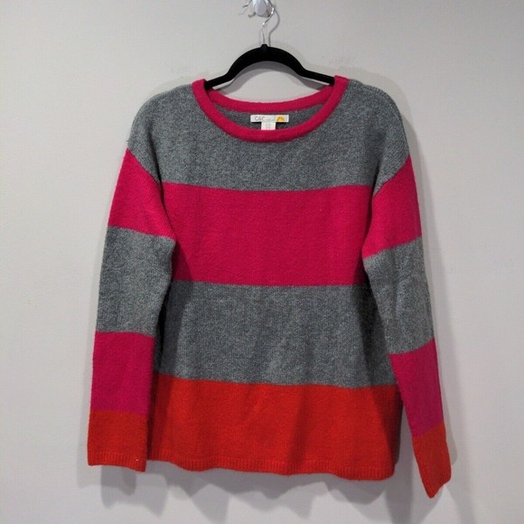 C&C California Women's Thick Stripe Crewneck Sweater Size Medium Gray Pink Red - Picture 2 of 9